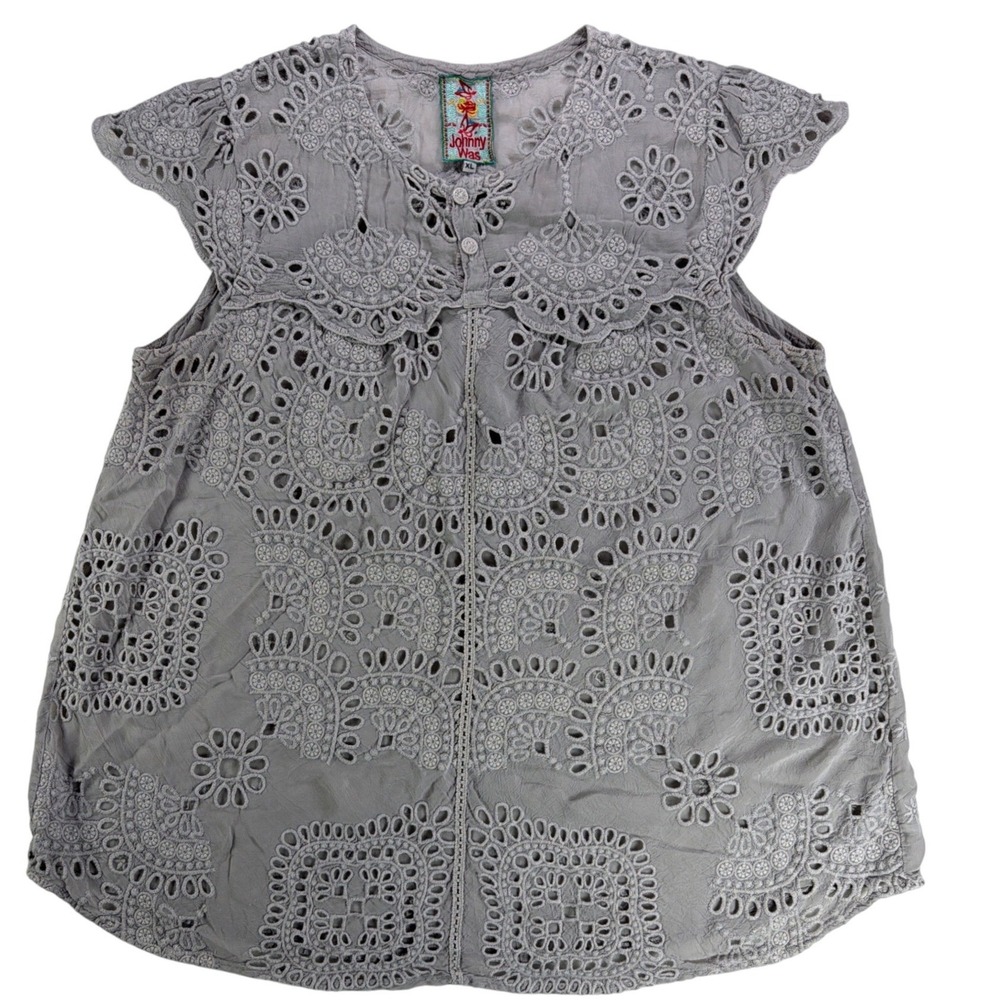 Johnny Was Eyelet Embroidered Blouse Women XL Grey Lace Boho Relaxed Elegant - Picture 3 of 12